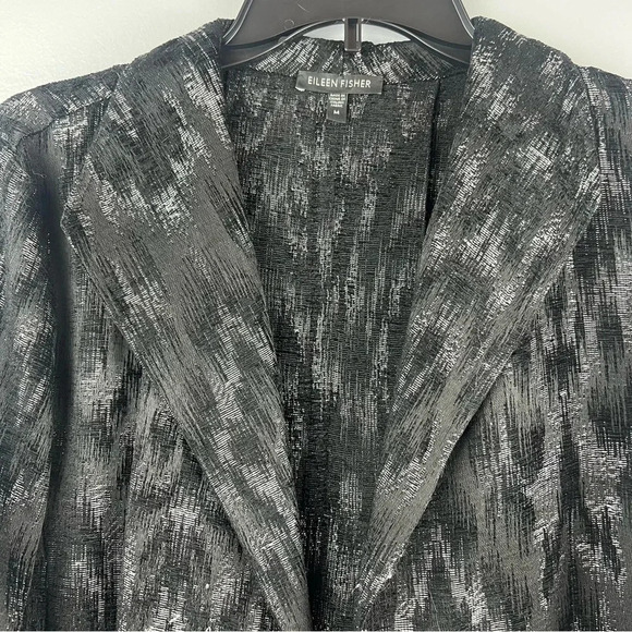Eileen Fisher Black/Metallic Open Front Longline Jacket 3/4 Sleeve Size M - Picture 3 of 13